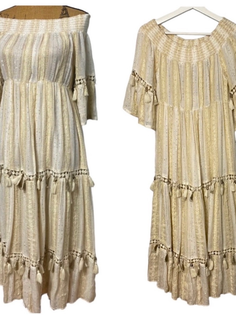NWT Nekane NKN Cadaques Boho Off the Shoulders Lined Tiered Beige Dress S/M